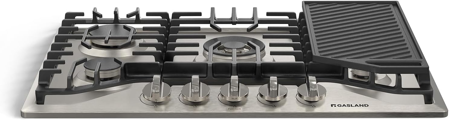 GASLAND Gas Cooktop 30 Inch, PRO GH3305SF 5 Burner Propane Stovetop with Reversible Cast Iron Grill/Griddle, Gas Countertop Plug-in, NG/LPG Convertible Cooktops, Stainless Steel
