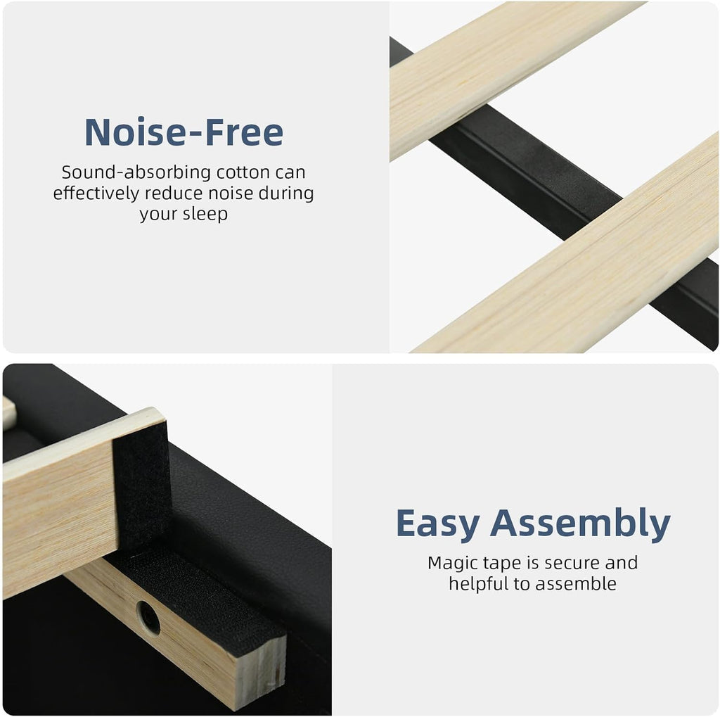 REVOMINCA Queen Size Bed Frame with Headboard and LED Lights, Modern Upholstered Faux Leather Platform Bed with Wooden Slats Support, No Box Spring Needed, Easy Assembly, Black