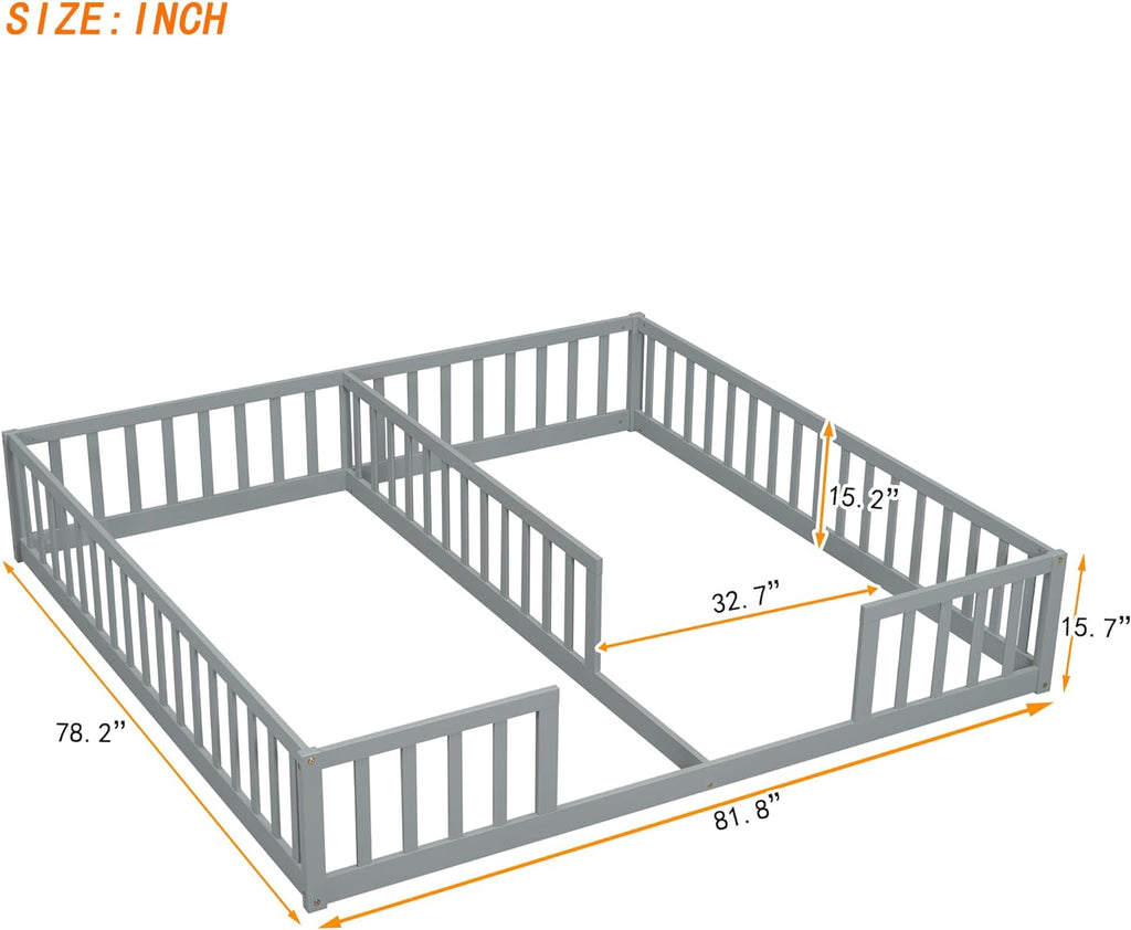 Double Floor Bed for Twins,Two Shared Beds,Twin Size Floor Bed for 2 Kids,Double Twin Bed with Guardrails for Girls,Boys,Gray