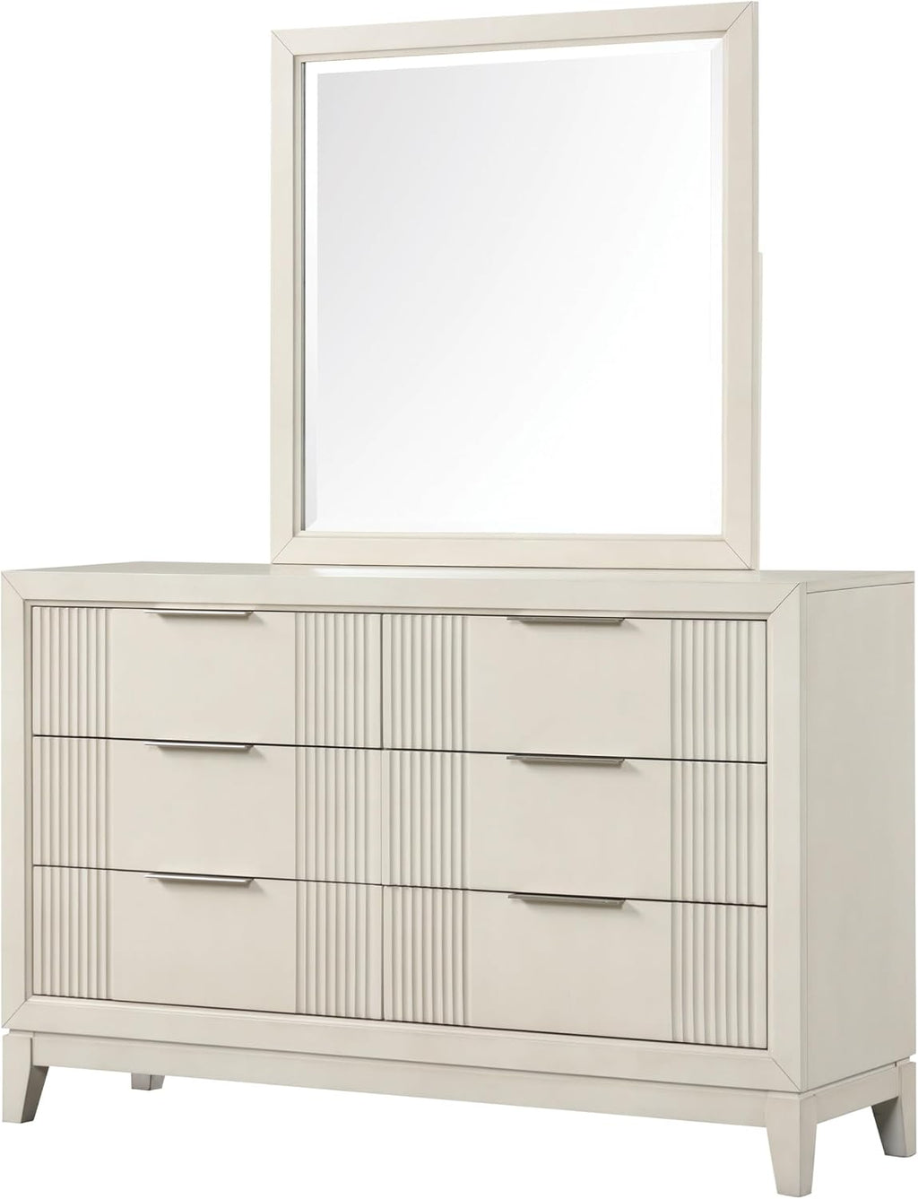 Furniture of America Oberlin Modern Solid Wood 6-Piece Bedroom Set with LED on Padded Fabric Headboard, Vertical Channel Tufting, Chrome Finger Pulls, Box Spring Needed, Queen, Antique White