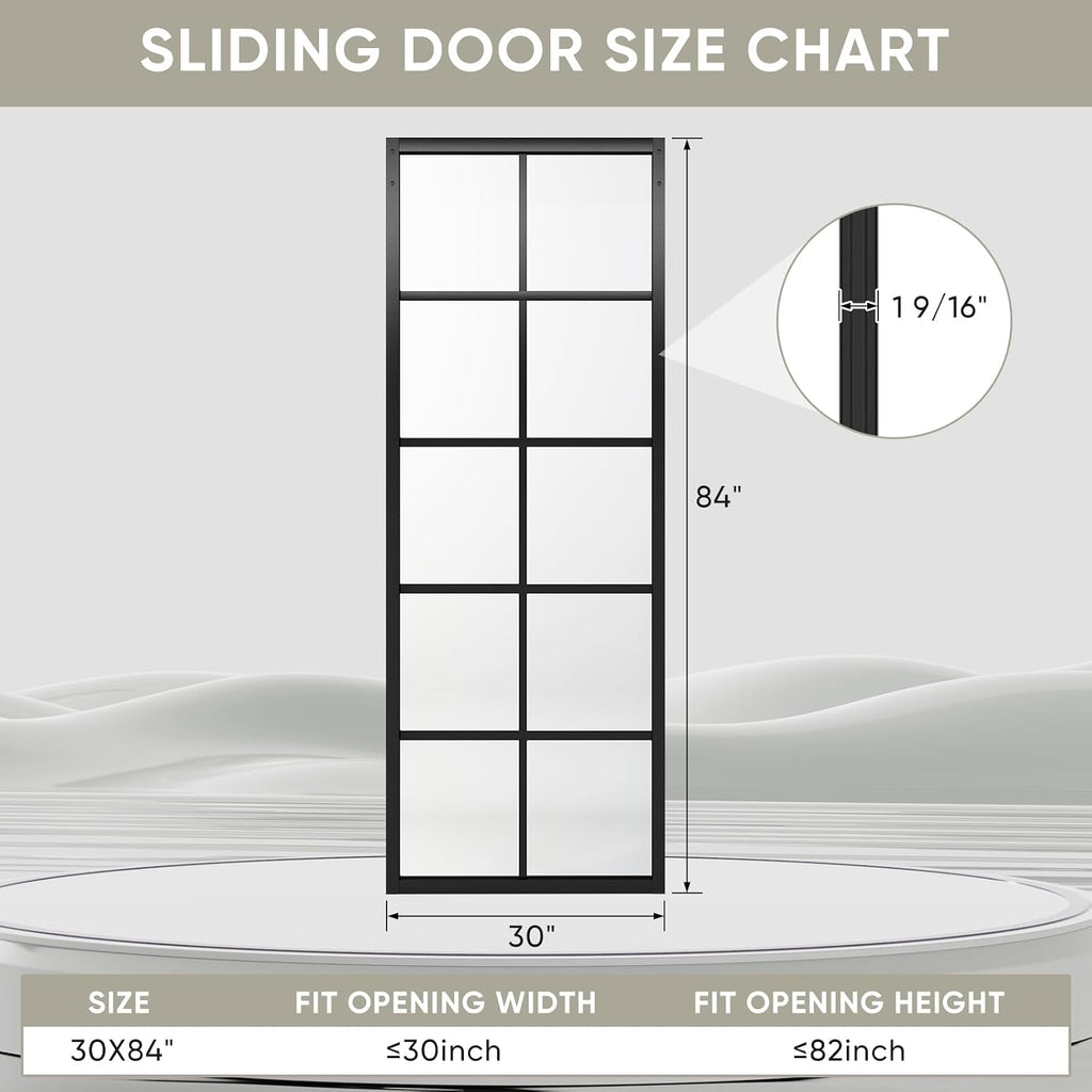 JUBEST DIY Glass Sliding Barn Door - 30in x 84in Modern French 5-Lite Clear Tempered Glass Aluminum Frame Sliding Closet Kitchen Door - Easy Assembly