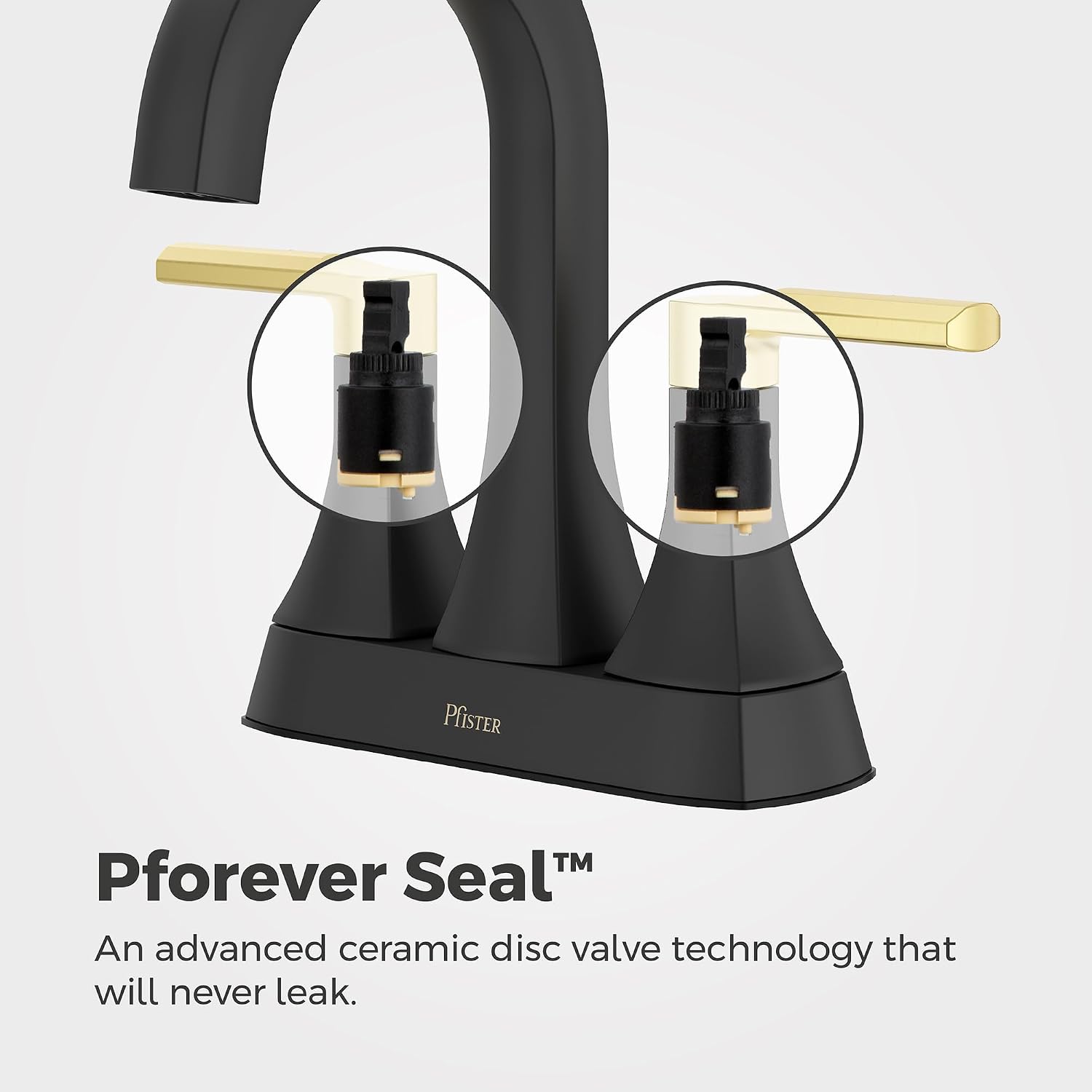 Pfister Vaneri Bathroom Sink Faucet 4 inch Centerset 2 Handle 3 Hole Matte Black and Brushed Gold Finish NSF Certified Water Efficient Push Seal Drain LF048VRIBBG