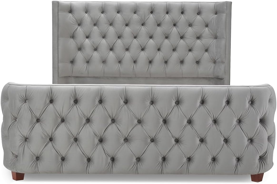 Jennifer Taylor Home Harmonie Queen Tufted Panel Bed Headboard and Footboard Set, Opal Grey Velvet