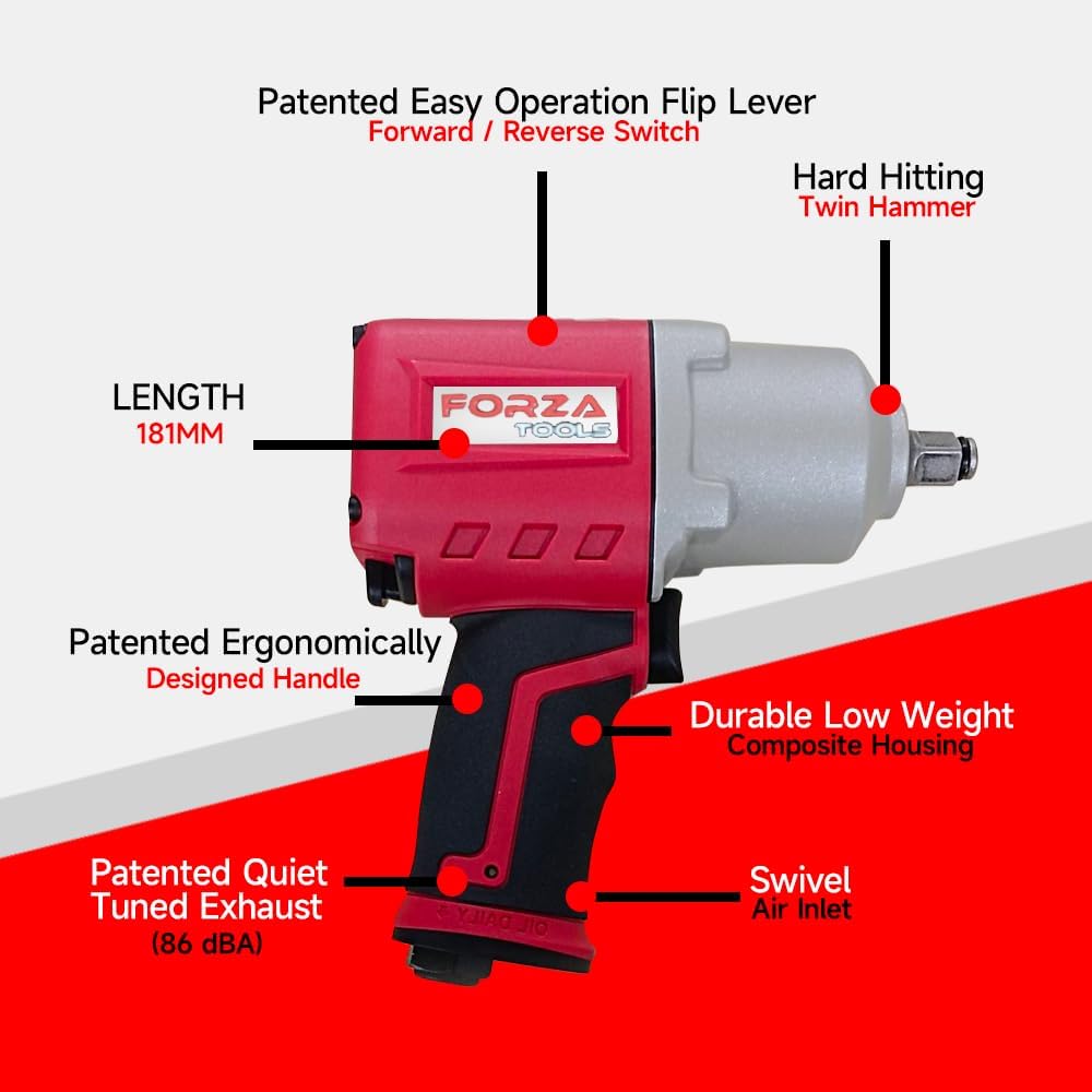 1/2' Composite Air Impact Wrench, One-Handed Push Button F/R Control, 830 ft-lbs Max Torque, Lightweight Pneumatic Gun for Tire Change & Auto Repair