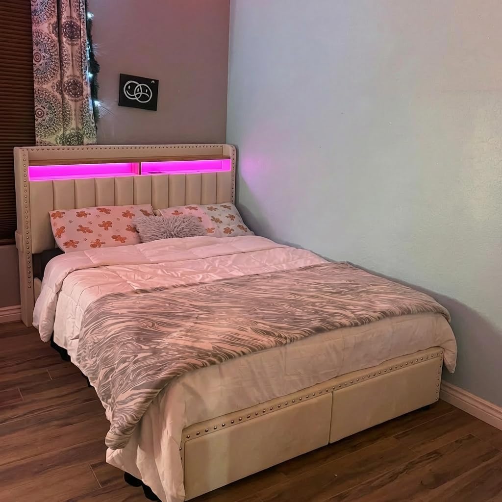 EnHomee Full Size Bed Frame with 2-Tier Storage Headboard & Charging Station, LED Platform Bed Frame with 2 Storage Drawers, Sturdy Wooden Slats Support, Noise-Free, No Box Spring Needed, Beige