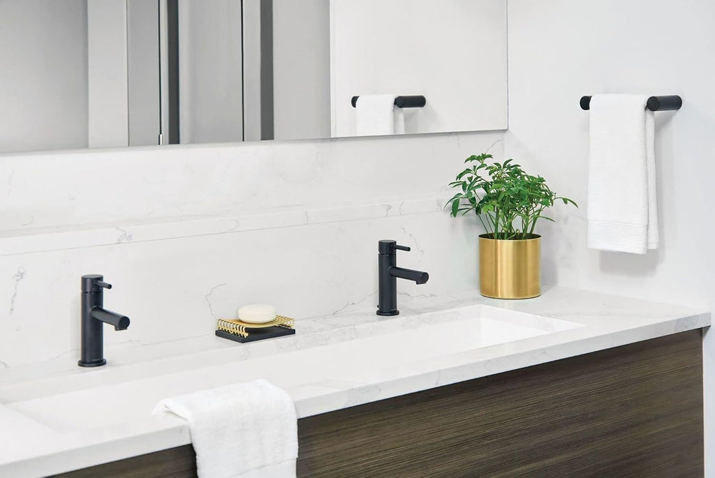 Moen Align Matte Black Accessories Bundle Featuring Modern 24inch Bathroom Towel Bar, Robe Hook, Wall Mounted Double Post Pivoting Toilet Paper Holder, and 9inch Hand-Towel Bar