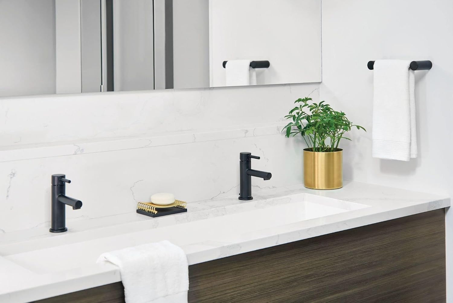 Moen Align Matte Black Accessories Bundle Featuring Modern 24inch Bathroom Towel Bar, Robe Hook, Wall Mounted Double Post Pivoting Toilet Paper Holder, and 9inch Hand-Towel Bar