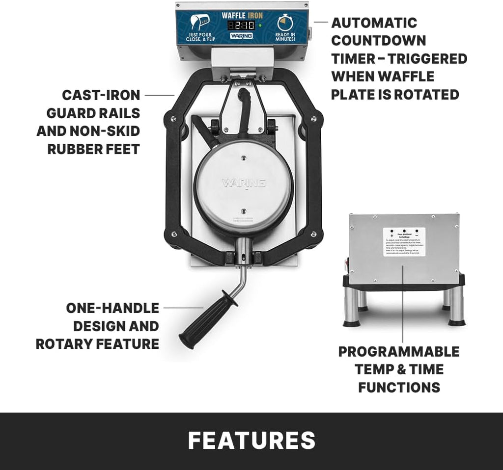 Waring Commercial Heavy-Duty Cast Iron Belgian Waffle Maker, 30 Waffles per Hour, 360° Rotating Design, for High-Volume Restaurants & Hotels, NSF Certified, WWHD500