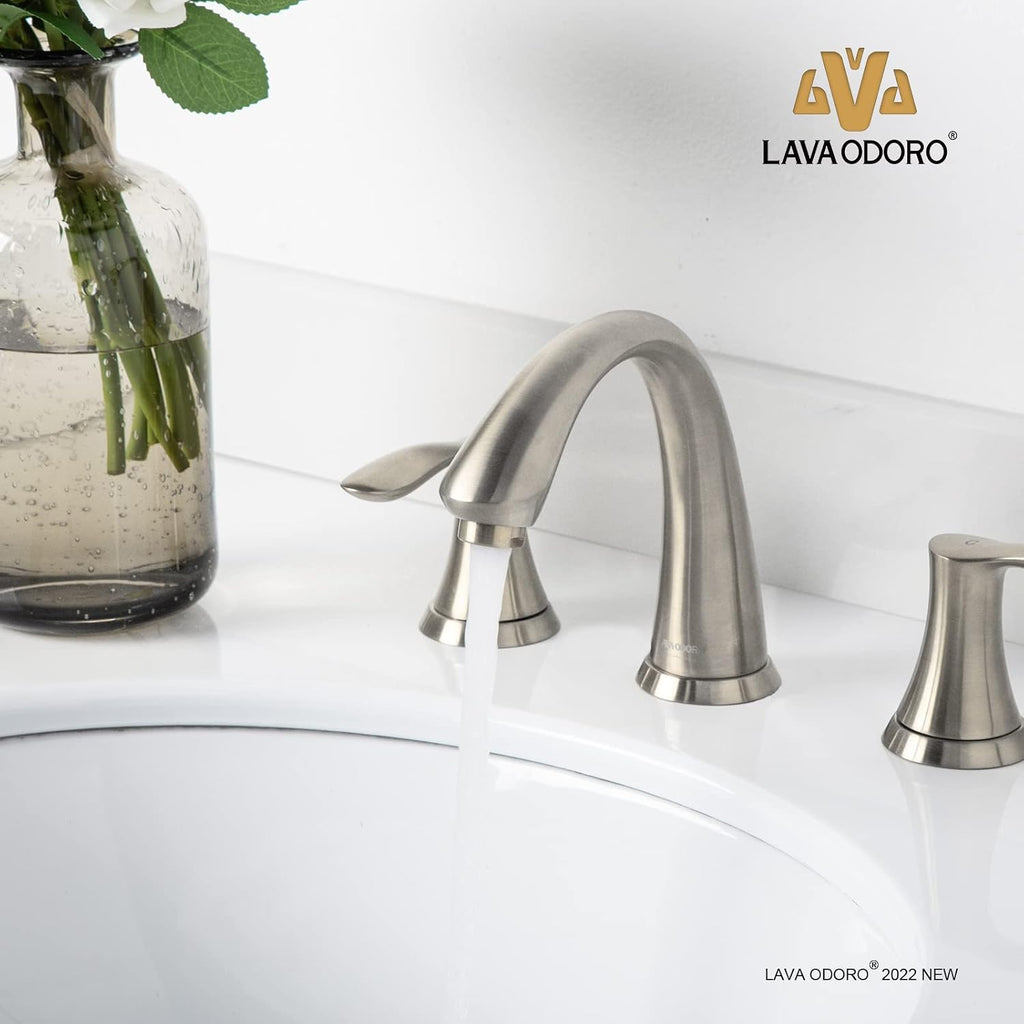 Brushed Nickel Bathroom Faucet, Lava Odoro 8 inch Widespread Bathroom Faucet 3 Hole 2 Handle Bathroom Sink Faucet Modern Bathroom Faucet Vanity Faucet with Drain Assembly Supply Line, BF405-BN