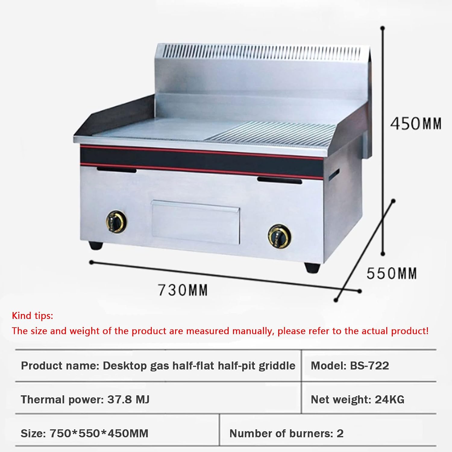 Propane Grill Portable Griddle Outdoor Garden Enameled Cast Iron Baking Plate 2 Burner, Adjustable Temperature, Indoor Or Outdoor Cooking, Restaurant Kitchen Camping-722-One Size