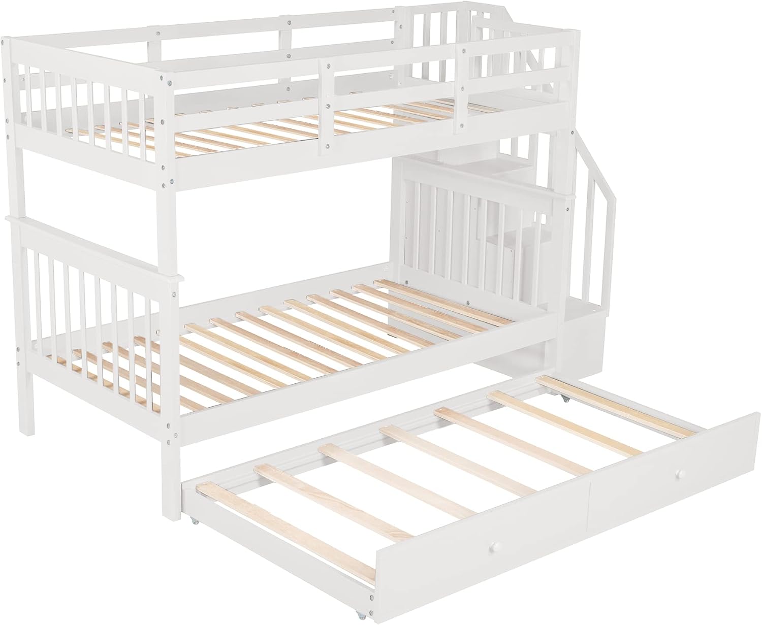 Harper & Bright Designs Twin-Over-Twin Bunk Bed with Trundle and Storage Staircase, Solid Wood 3 in 1 Stairway Bunk Bed with Trundle, White