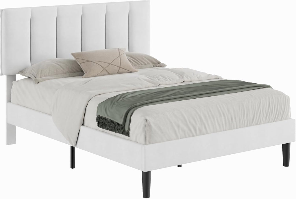 VECELO Full Bed Frame with Upholstered Headboard, Heavy-Duty Platform Bedframe with Strong Wooden Slats Support, No Boxing Spring Needed, Pure White