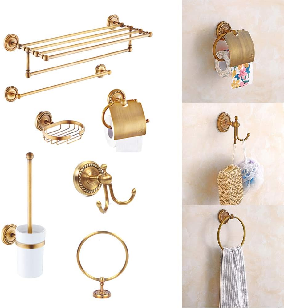 Bathroom Hardware Set, Wall Mount Towel Rack Kit for Family Needs, Includes Single Pole, Hand Towel Rack,Toilet Paper Holder, Brush Paper Holder, Soap Holder,Towel Ring, Hook (Vintage Copper 7pcs)