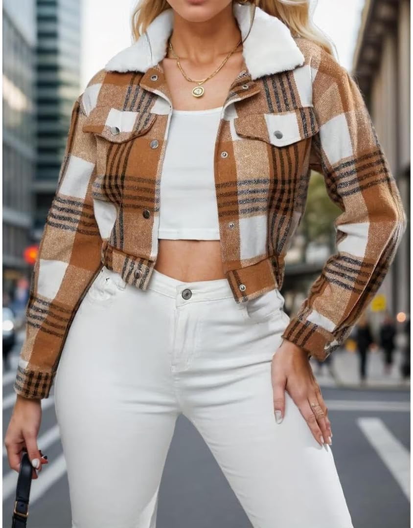 FMCHICO Womens Cropped Plaid Shacket Button Down Short Flannel Shirt Jacket