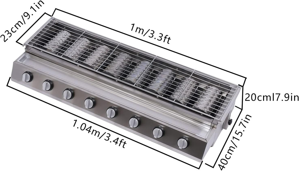 Commercial 8 Burner Gas Countertop Griddle with Smokeless Yakitori Grill, Adjustable Height LPG Propane Indoor Griddle, Removable Grill Net