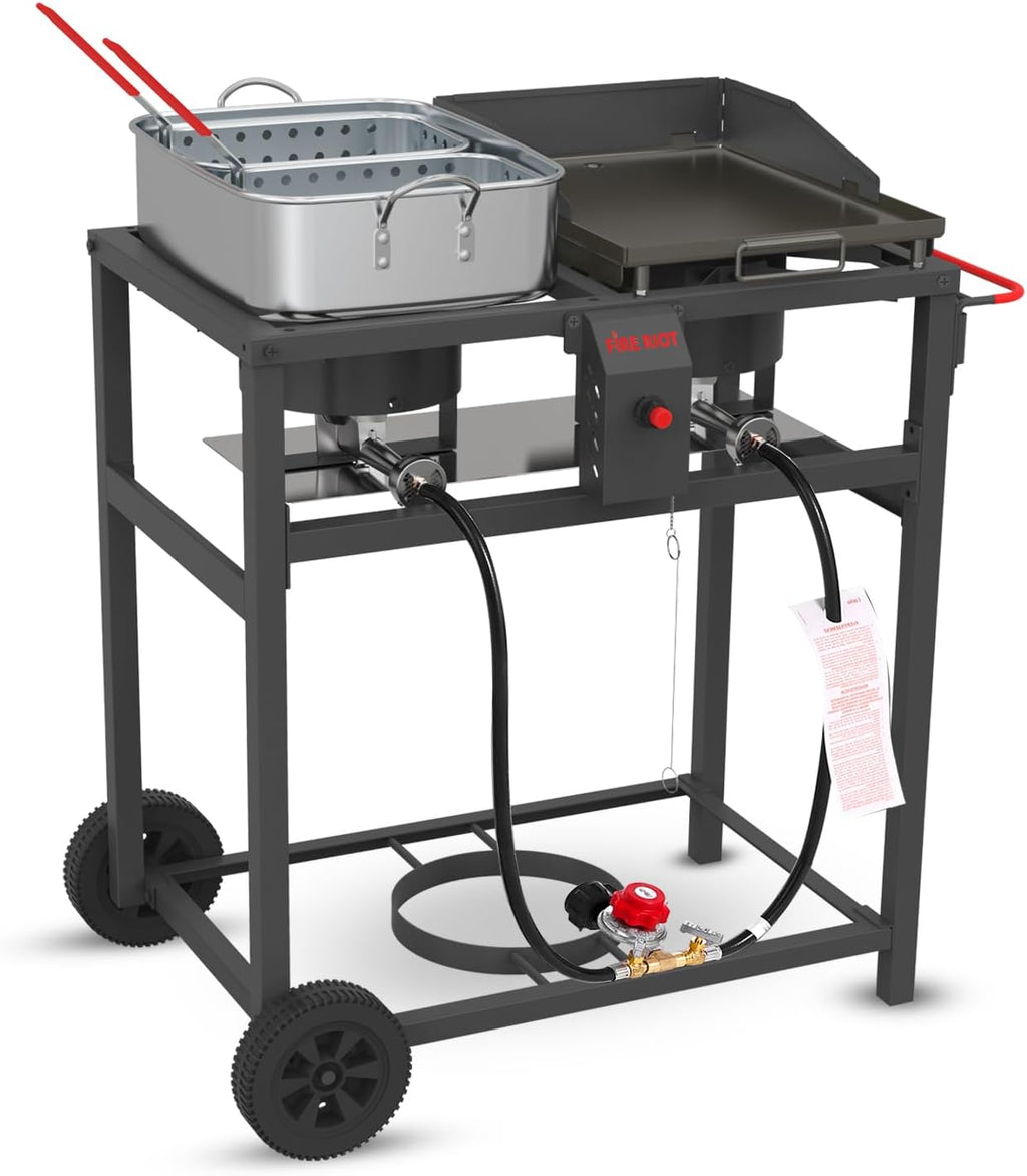 FIRE RIOT Outdoor Propane Deep Fryer and Griddle Combo, Portable 2-in-1 Cooking Station with Double Burner Propane Stove and Wheels, Ideal for Outdoor BBQ, Camping, and Tailgating