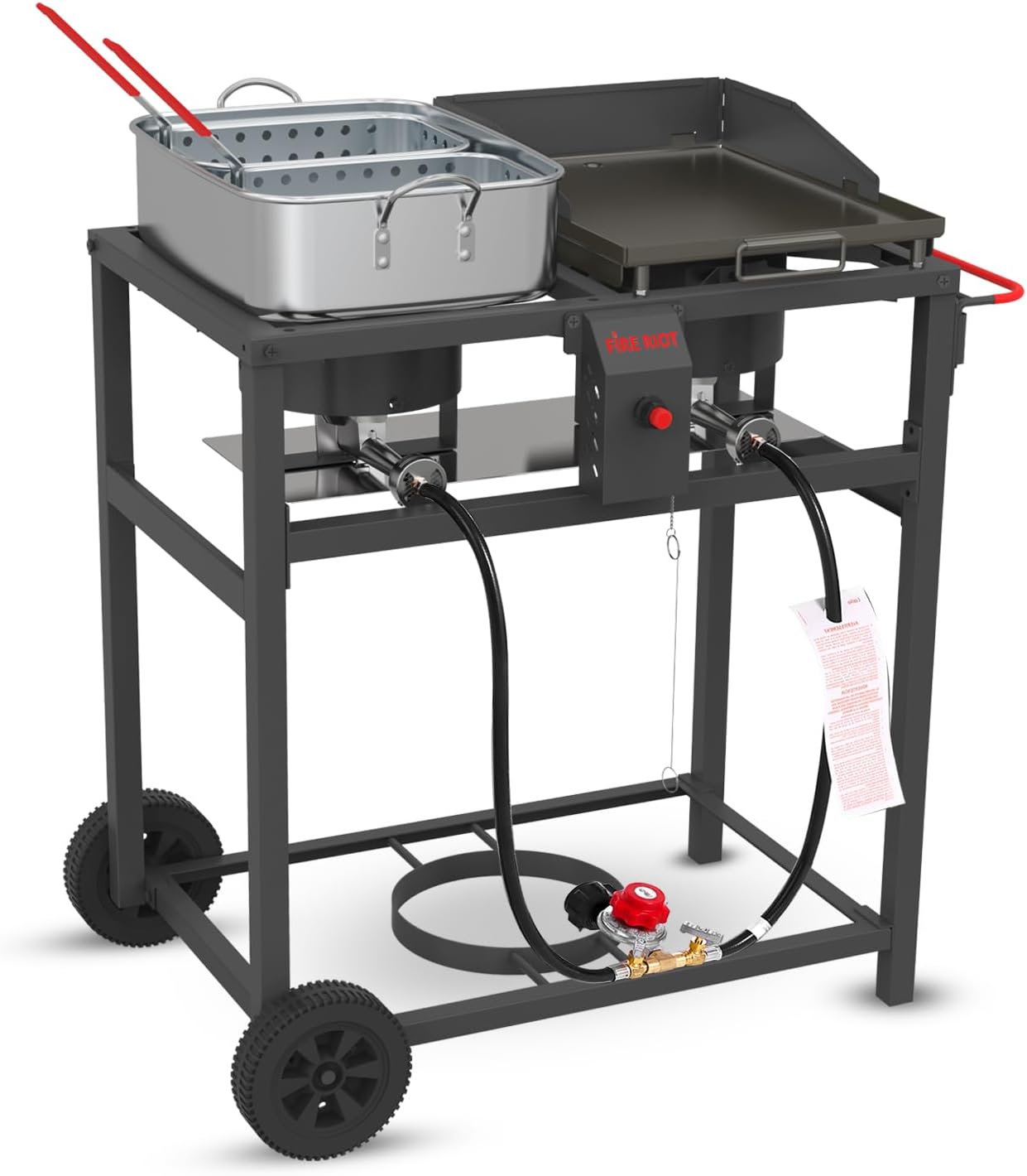 FIRE RIOT Outdoor Propane Deep Fryer and Griddle Combo, Portable 2-in-1 Cooking Station with Double Burner Propane Stove and Wheels, Ideal for Outdoor BBQ, Camping, and Tailgating