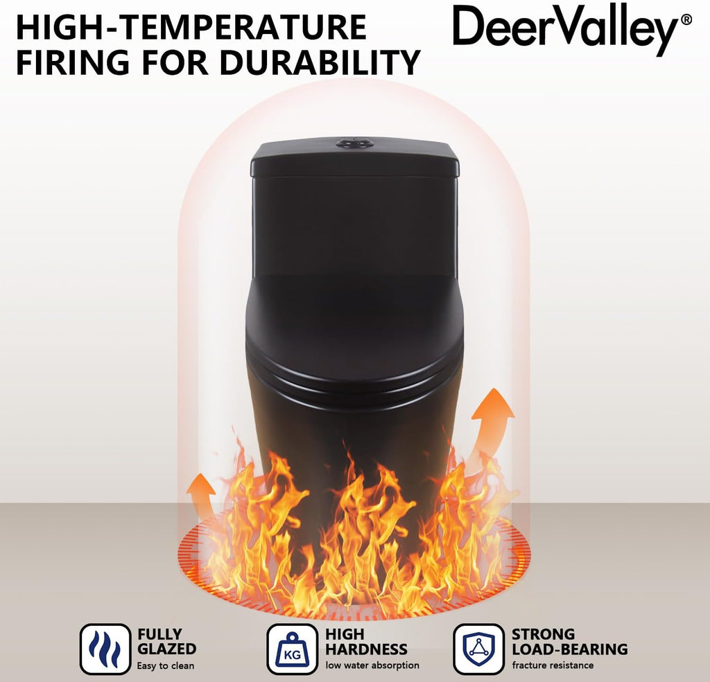 DeerValley One Piece Toilet Elongated 1.1/1.6 GPF Dual Flushing Toilets with 17' ADA Comfortable Chair Seat 12' Rough-In High-Efficiency Black Toilet DV-1F52636B