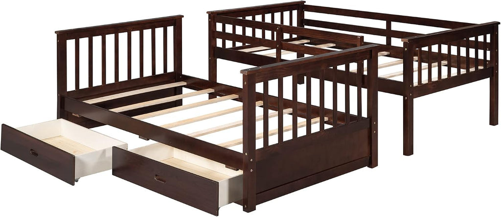 Harper & Bright Designs Twin-Over-Twin Bunk Bed with Two Storage Drawers, Solid Wood Twin Size Bunk Bed with Guardrial and Removble Ladder, Can be Converted Into 2 Separate Beds, Espresso