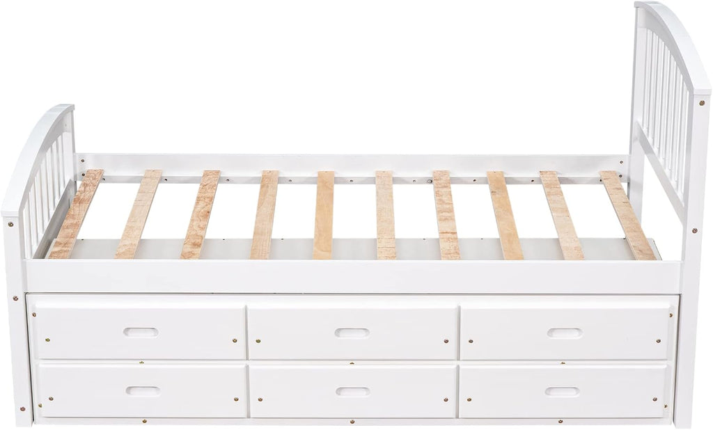 Merax Twin Size Platform Storage Bed Solid Wood Bed with 6 Drawers,White