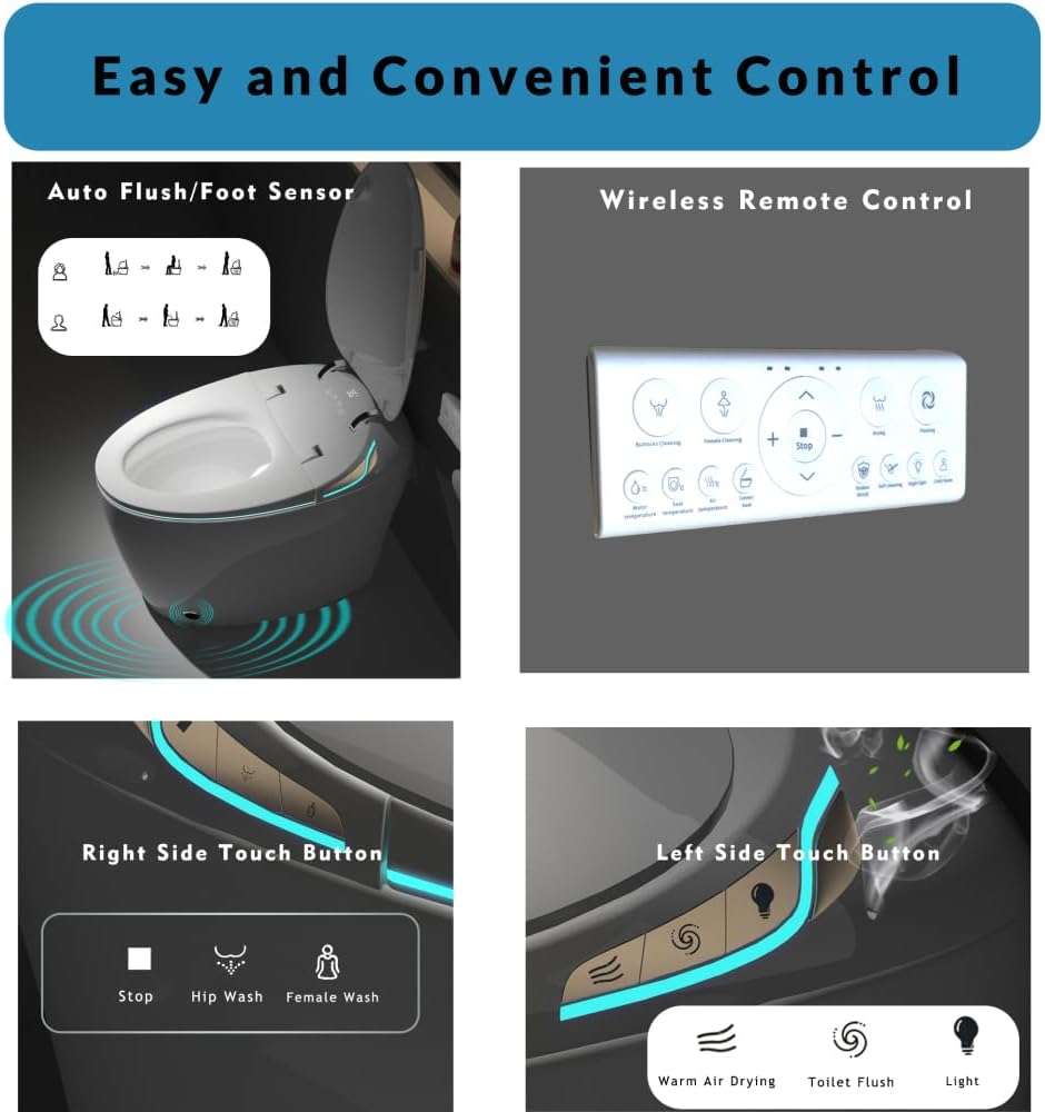 Unique Smart Toilet with Bidet, Auto Open/Close Seat, Foot Sensor, LED Display, Night Light, Warm Water & Dryer, Intelligent One-Piece Toilet for Modern Bathroom, White