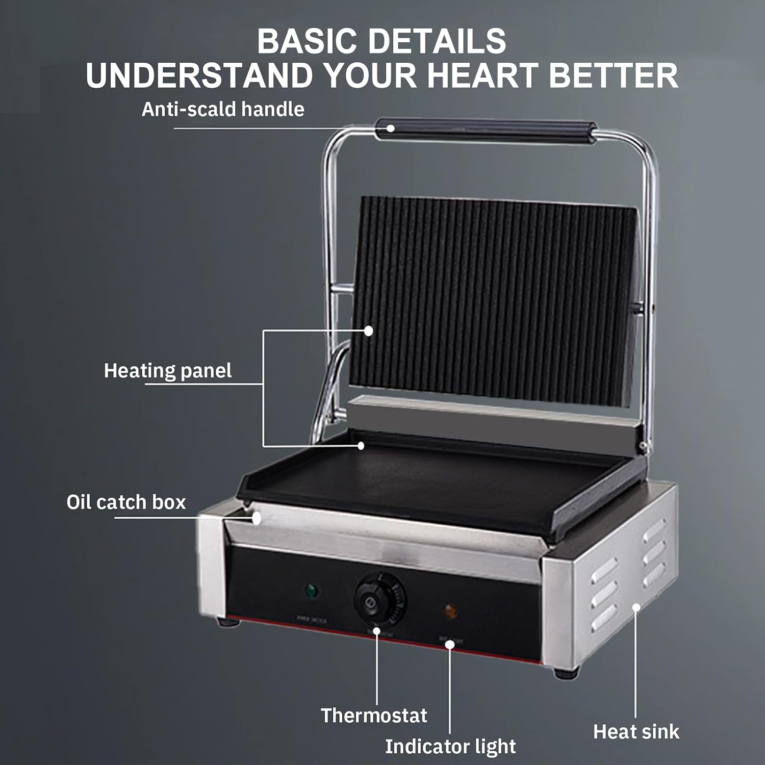 1800W Panini Grill, Sandwich Maker, Commercial Smokeless Indoor Grill, Removable Plates, Stainless Steel, For Steak, Hamburger, Waffle,220V