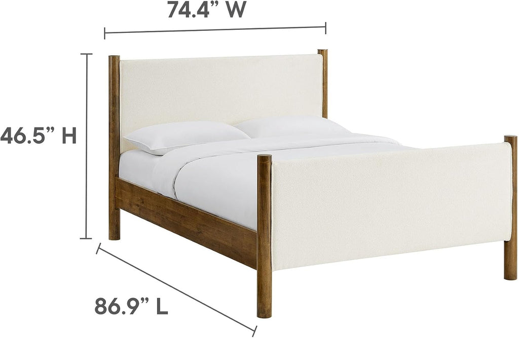 Modway Maven King Size Bed Frame in Feather Walnut with Upholstered Boucle Headboard and Footboard – Wood King Platform Bed Frame – No Box Spring Needed