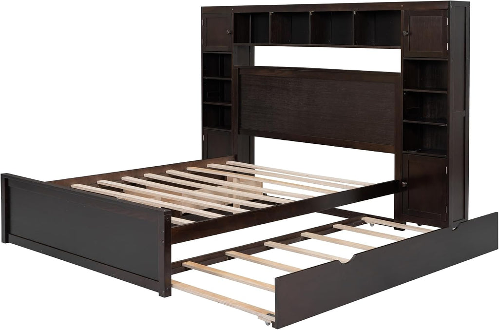 Queen Storage Bed with Bookcase Headboard, Queen Size Platform Bed with Trundle and 2 Storage Drawers, Solid Wood Queen Size Bed Frame with Cabinet and Shelf, No Box Spring Needed (Espresso)