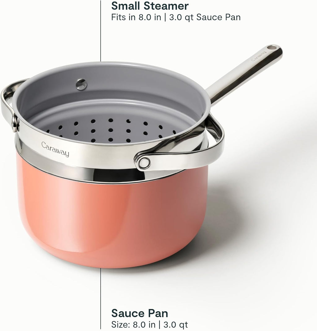 Caraway Nonstick 3 Qt Ceramic Sauce Pan with Lid & Steamer - Non Toxic, PTFE & PFOA Free - Oven Safe & Compatible with All Stovetops (Gas, Electric & Induction) - Perracotta