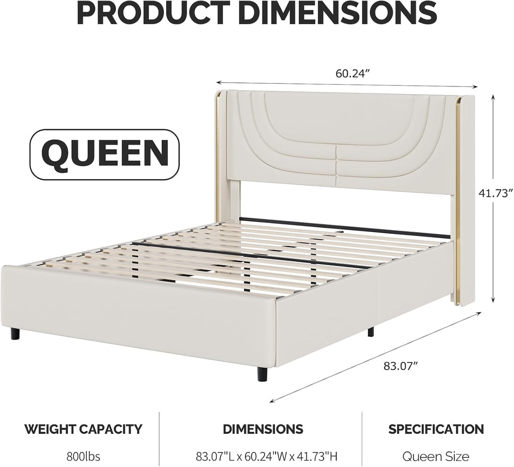 REVOMINCA Queen Bed Frame with LED Lights, Faux Leather Upholstered Platform with Silver Wingback Headboard, Modern Style, No Box Spring Needed, Easy Assembly, Cream
