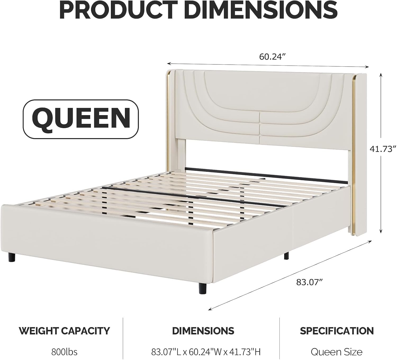 REVOMINCA Queen Bed Frame with LED Lights, Faux Leather Upholstered Platform with Silver Wingback Headboard, Modern Style, No Box Spring Needed, Easy Assembly, Cream