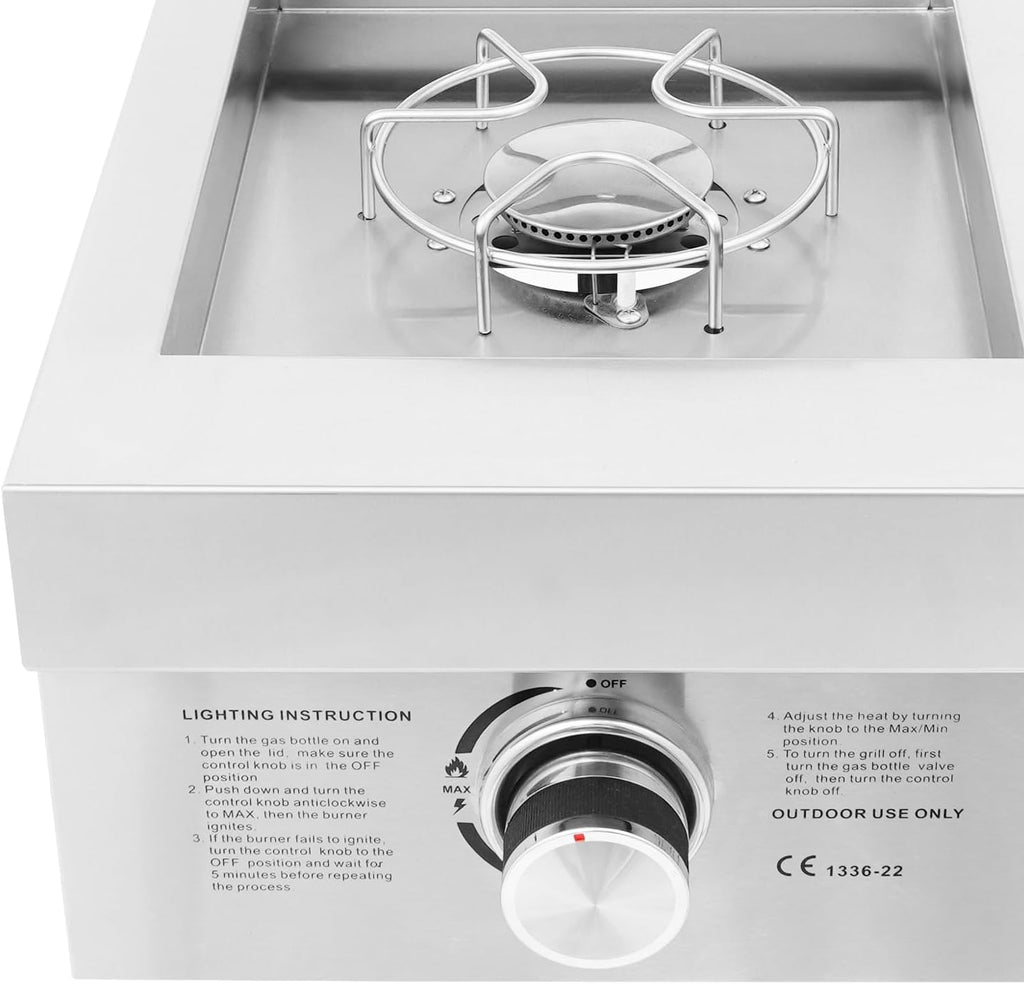 Single Burner Stove for Outdoor Kitchen, Built-in Stainless Steel Side Burner with Removable Grates & Cover, Gas Stove for BBQ Island, Patio, Backyard (Liquid Propane, Single Burner)