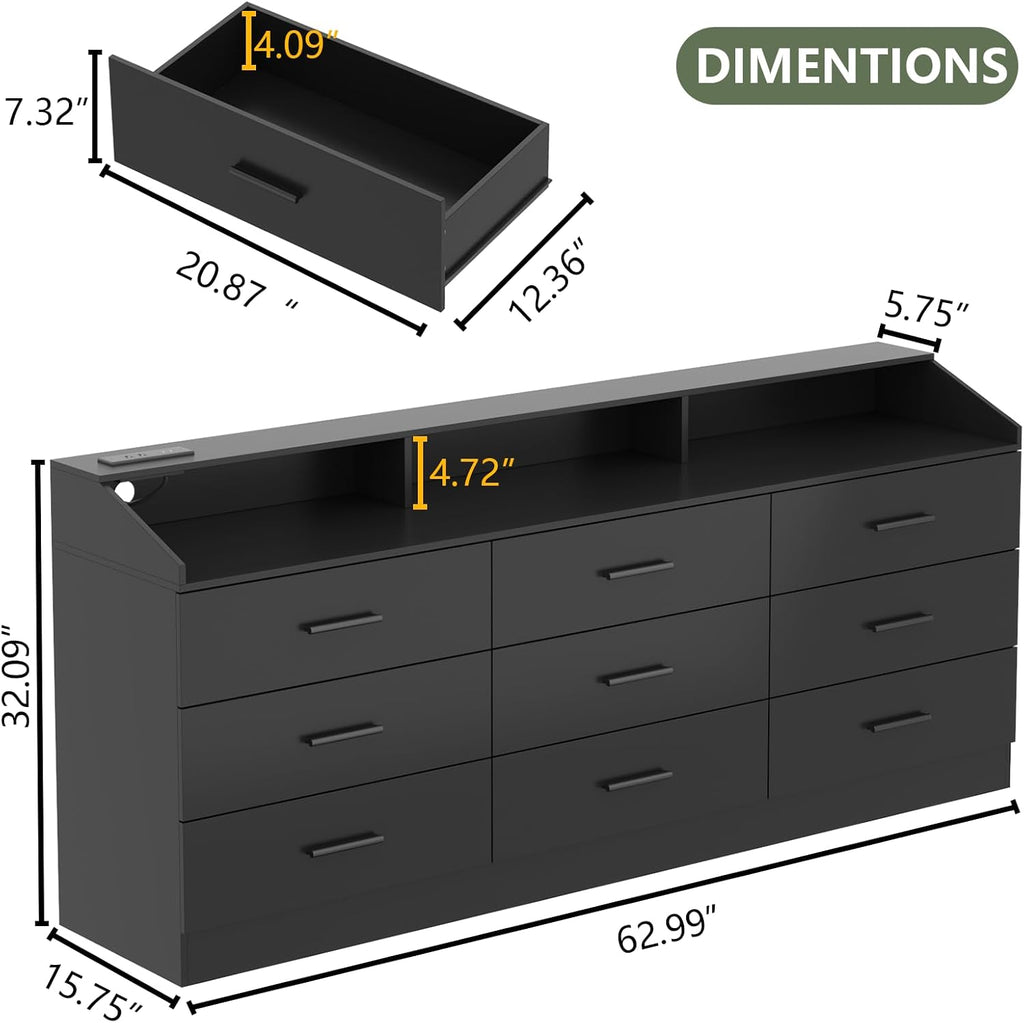 Gyfimoie 9 Drawers Dresser for Bedroom with Power Outlet, Chest of Drawers with LED Light, Modern Dressers with Open Storage Cubby, Triple Wide Dressers Organizer for Living Room (Black-)