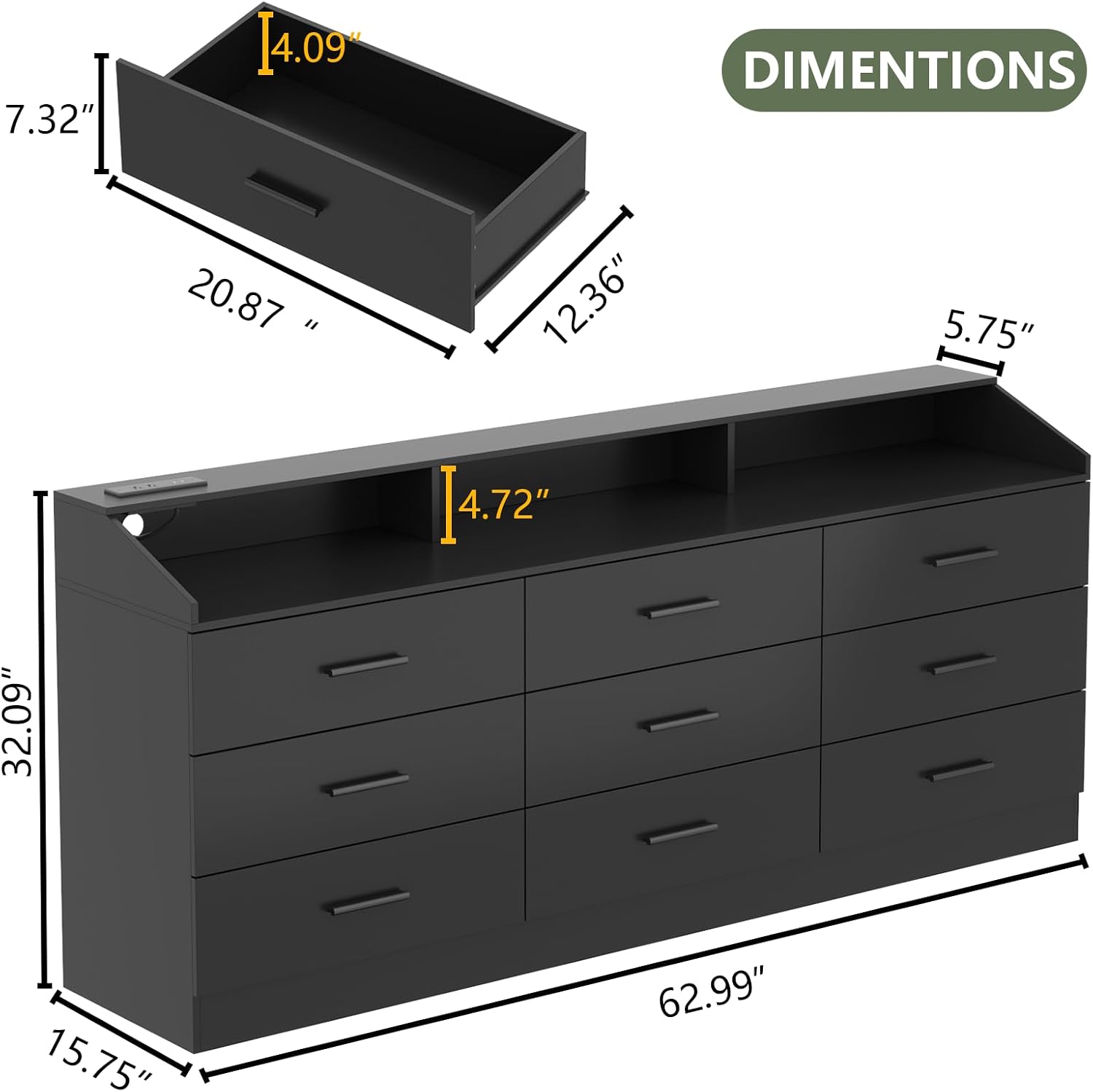 Gyfimoie 9 Drawers Dresser for Bedroom with Power Outlet, Chest of Drawers with LED Light, Modern Dressers with Open Storage Cubby, Triple Wide Dressers Organizer for Living Room (Black-)