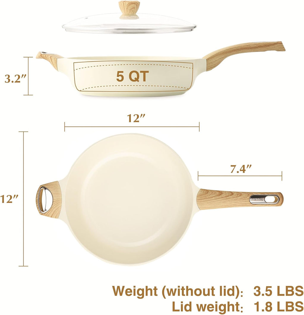 SENSARTE Ceramic Nonstick Cookware Set 15 Piece, includes 5 Qt Ceramic Nonstick Frying Pan Skillet with Lid