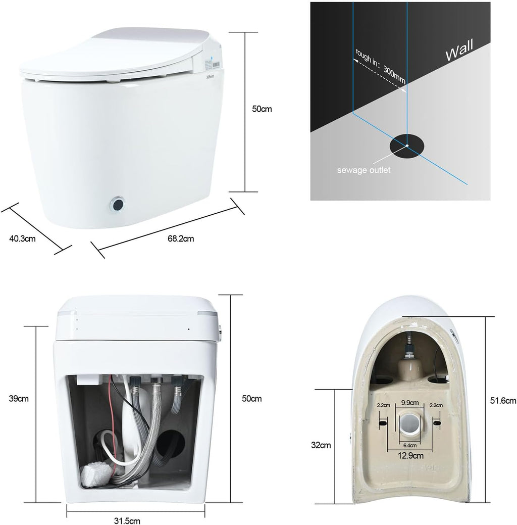Heated Seat Smart Toilet, One Piece Tankless Automatic Flush Toilet with Foot Sensor, White Night Light, Knob Control, Power Outage Flush, Soft Close Lid, White