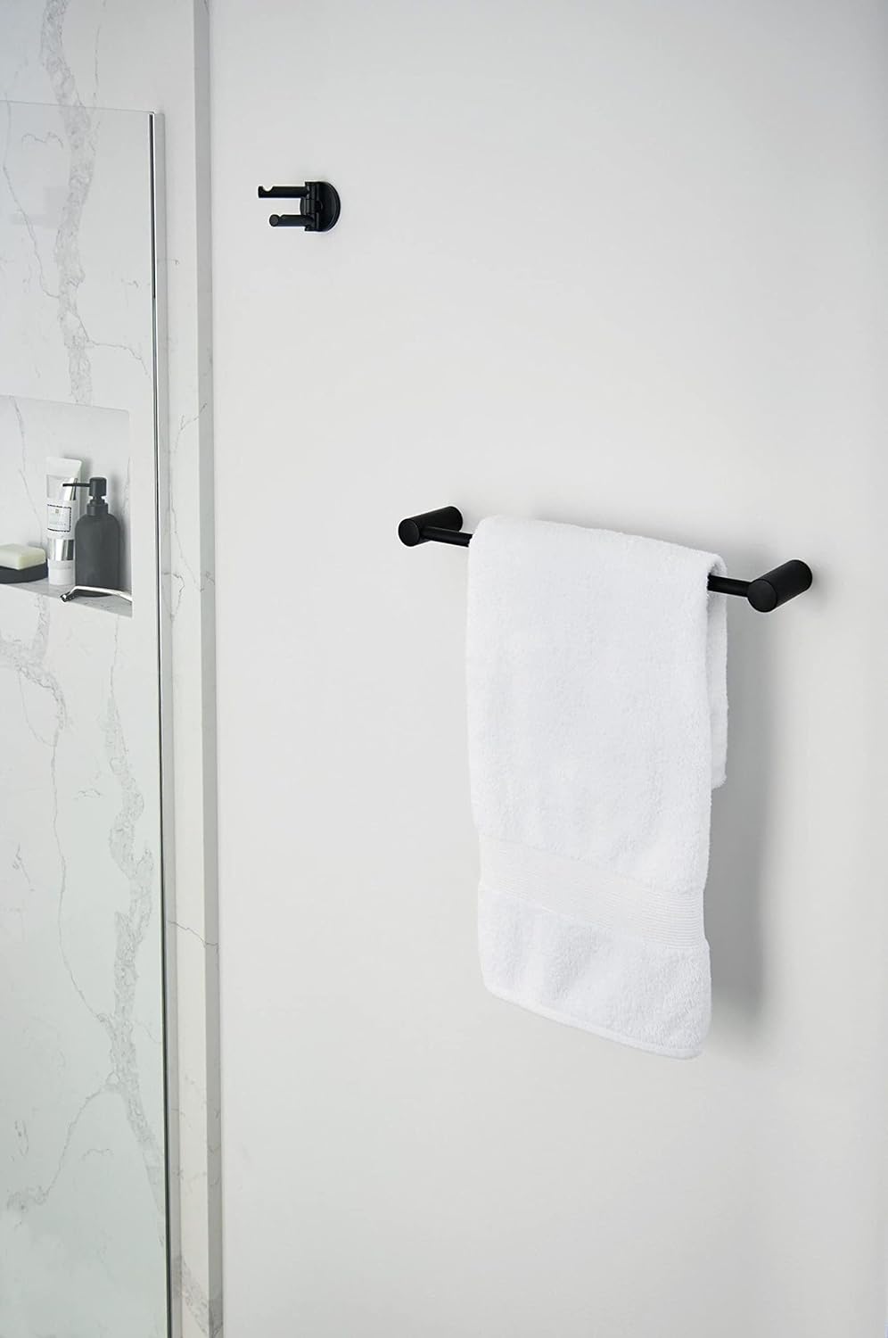 Moen Align Matte Black Accessories Bundle Featuring Modern 24inch Bathroom Towel Bar, Robe Hook, Wall Mounted Double Post Pivoting Toilet Paper Holder, and 9inch Hand-Towel Bar