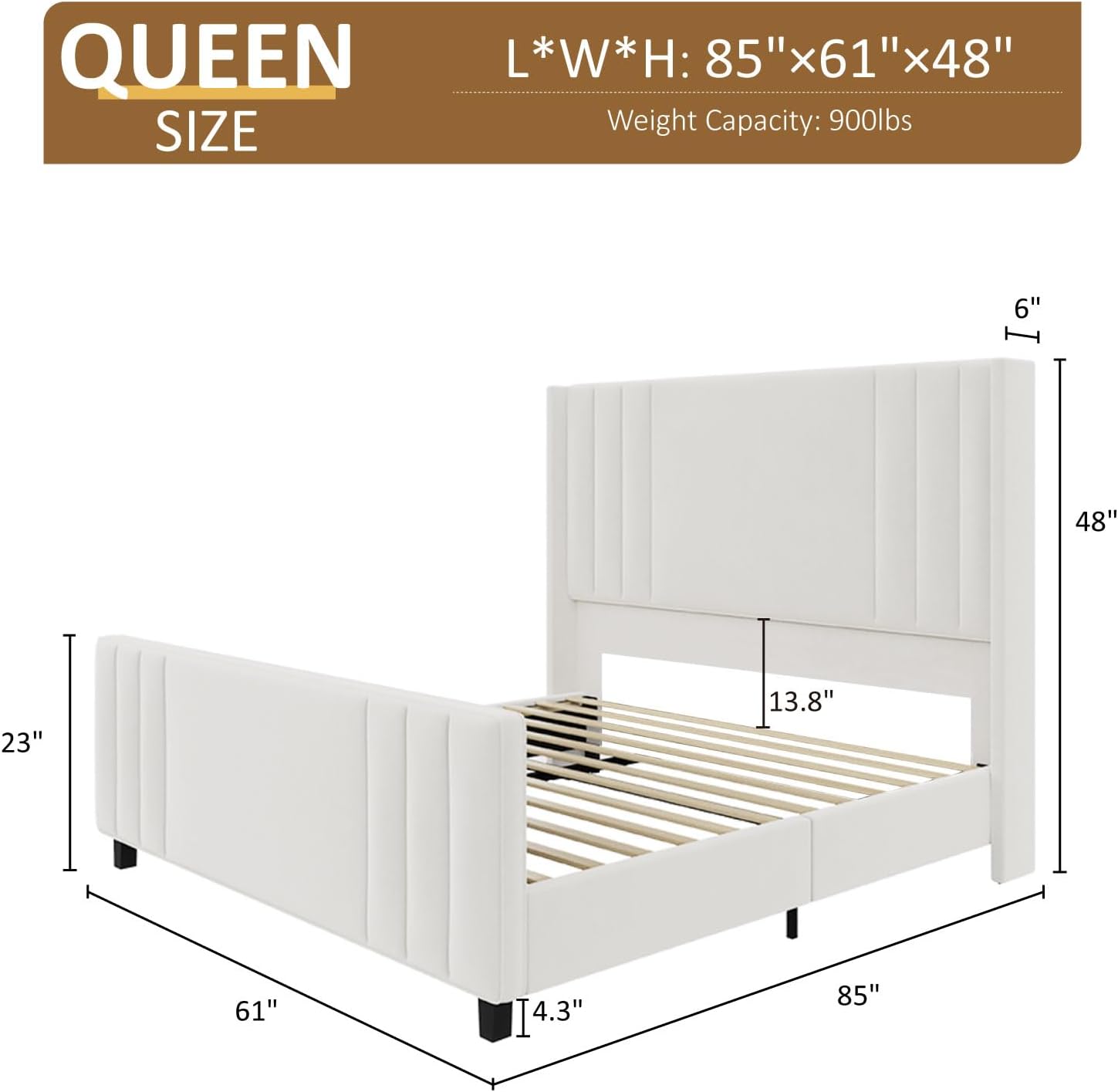 Albott Queen Size Platform Bed Frame, Upholstered Bed with Vertical Channel Tufted Wingback Headboard & Footboard, Premium Velvet, No Box Spring Needed, Cream