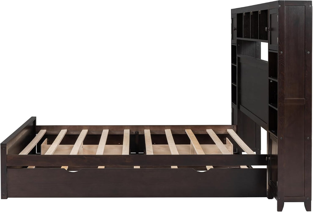 Queen Storage Bed with Bookcase Headboard, Queen Size Platform Bed with Trundle and 2 Storage Drawers, Solid Wood Queen Size Bed Frame with Cabinet and Shelf, No Box Spring Needed (Espresso)