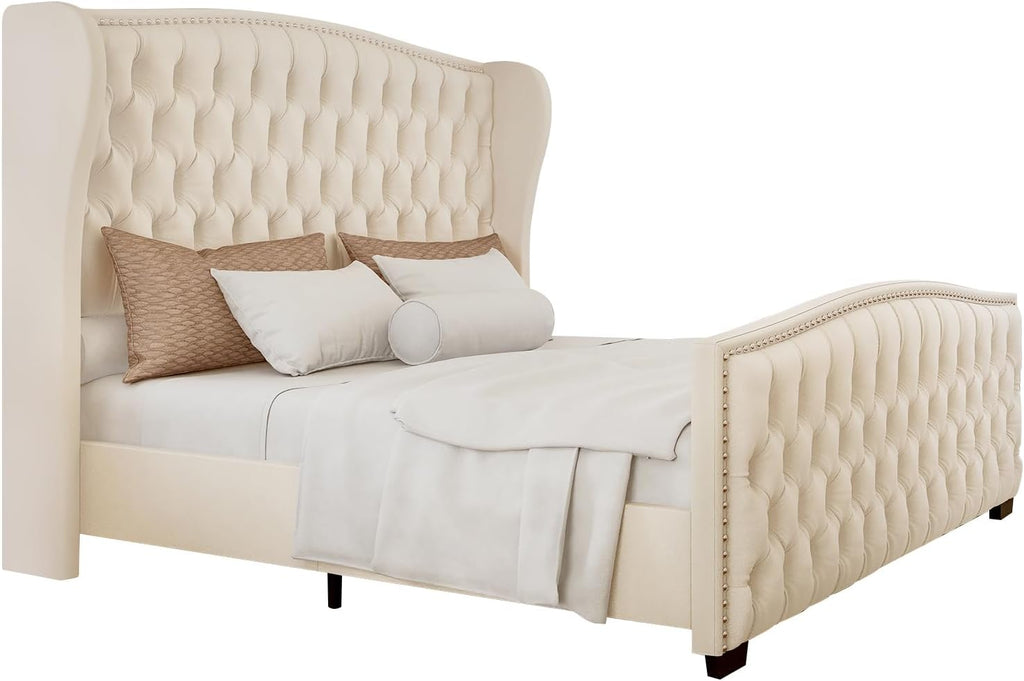 LUXOAK King Platform Bed Frame with Wingback Headboard, Velvet Upholstered Bed Frame with Handmade Button Tufted & Nailhead, Wooden Slats Support, Cream