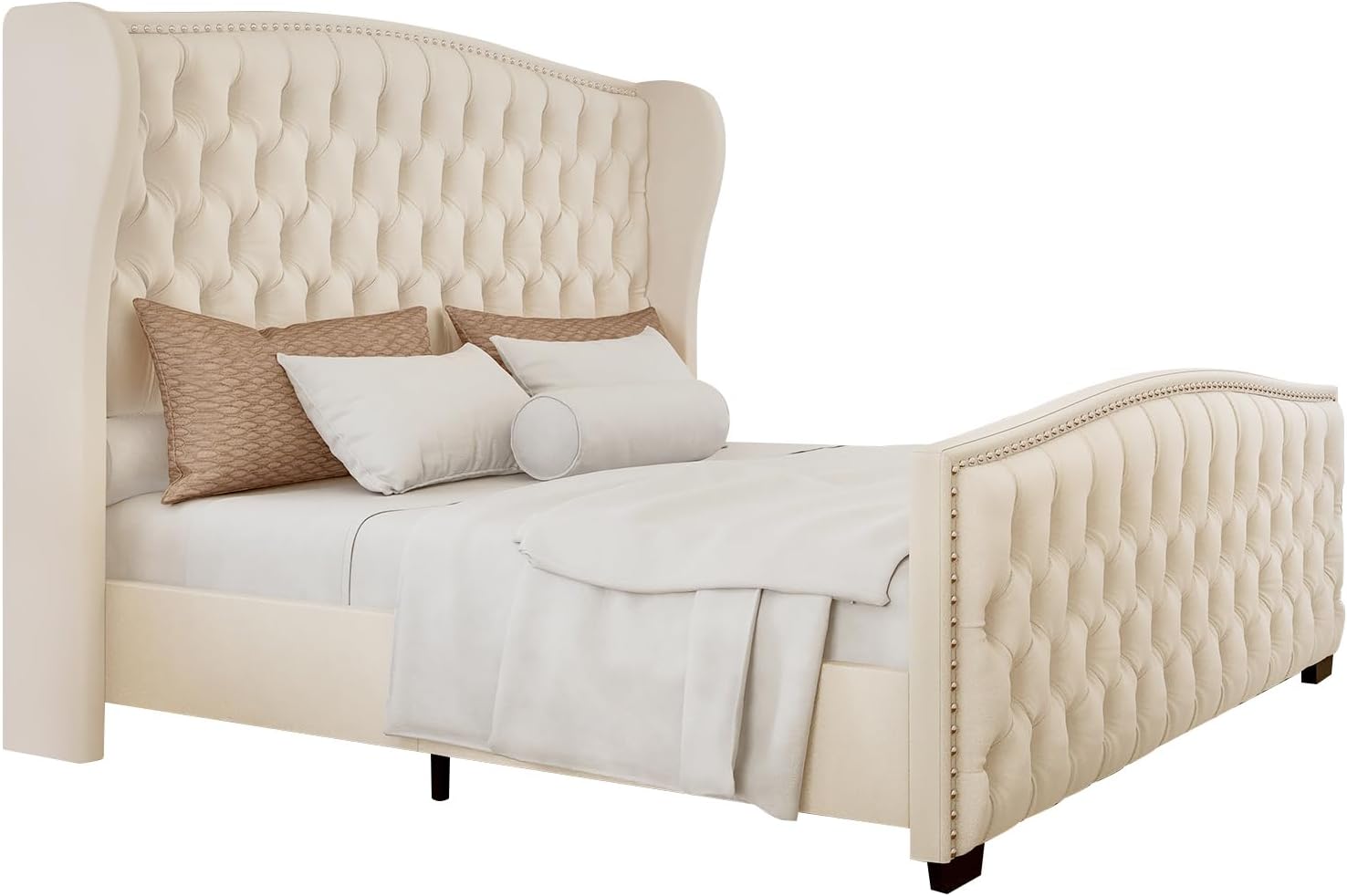 LUXOAK King Platform Bed Frame with Wingback Headboard, Velvet Upholstered Bed Frame with Handmade Button Tufted & Nailhead, Wooden Slats Support, Cream