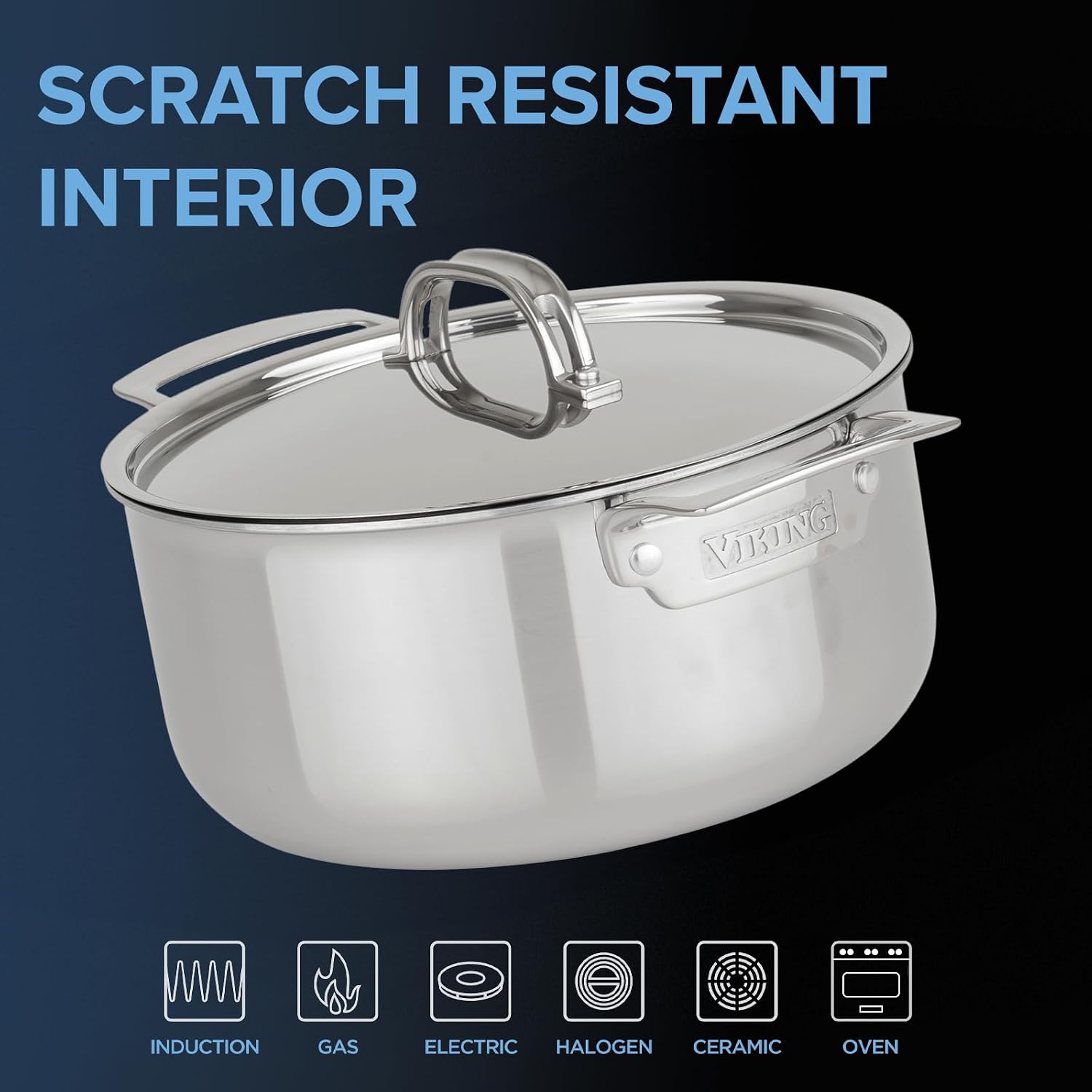 Viking 4-Ply Dutch Oven, 5 Quart Laser Clad Titanium Performance Ti Cookware Pot with Lid, Dishwasher and Oven Safe, Induction Ready, Blue/Silver
