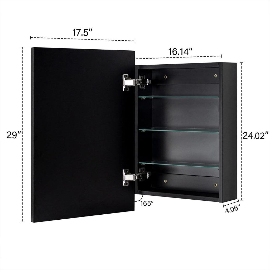 TEHOME 17.5'' x 29'' Black Recessed and Surface Mount Bathroom Medicine Cabinet with Mirror Matt Black Square Cornered Metal Framed Rounded Rectangle Medicine Cabinet Mirror