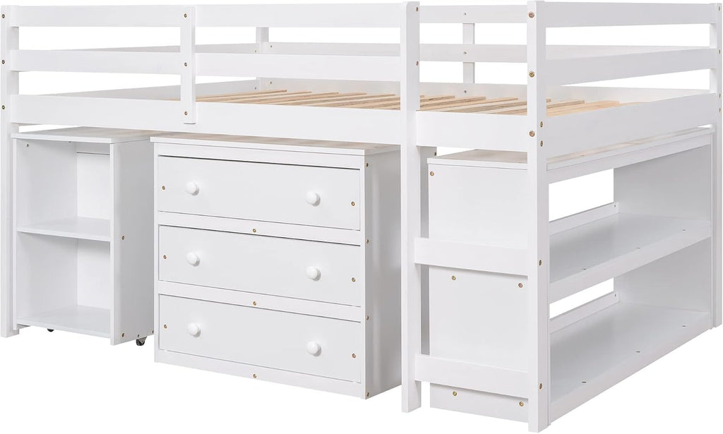 Harper & Bright Designs Full Size Low Loft Bed with Rolling Portable Desk and Storage, Solid Wood Low Loft Bed with Cabinet, Shelves, Multiple Functions Loft Bed Frame for Kids Teens Adults (White)