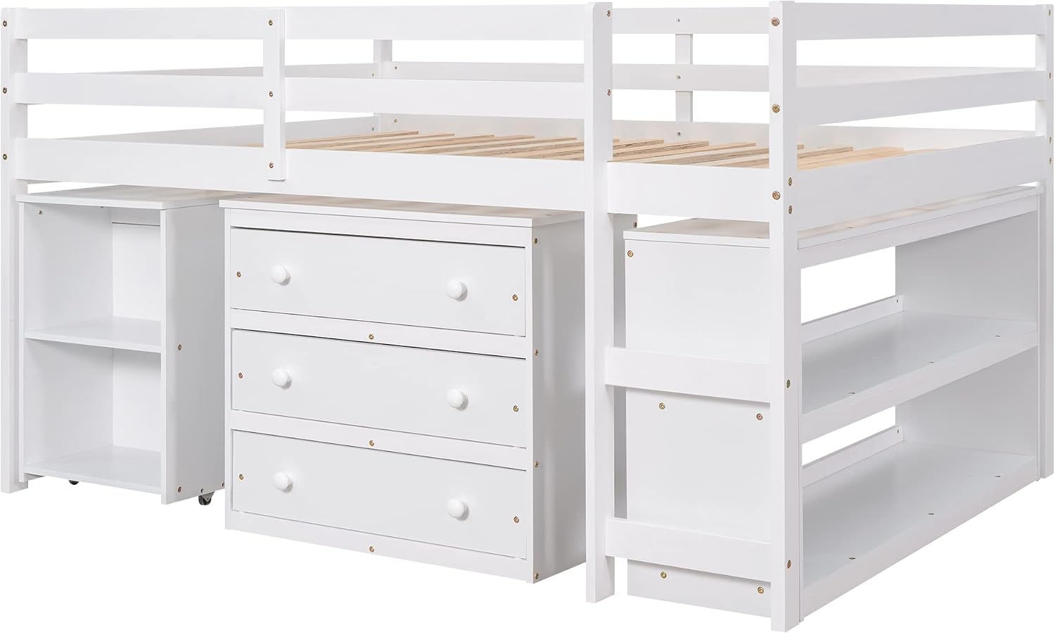 Harper & Bright Designs Full Size Low Loft Bed with Rolling Portable Desk and Storage, Solid Wood Low Loft Bed with Cabinet, Shelves, Multiple Functions Loft Bed Frame for Kids Teens Adults (White)