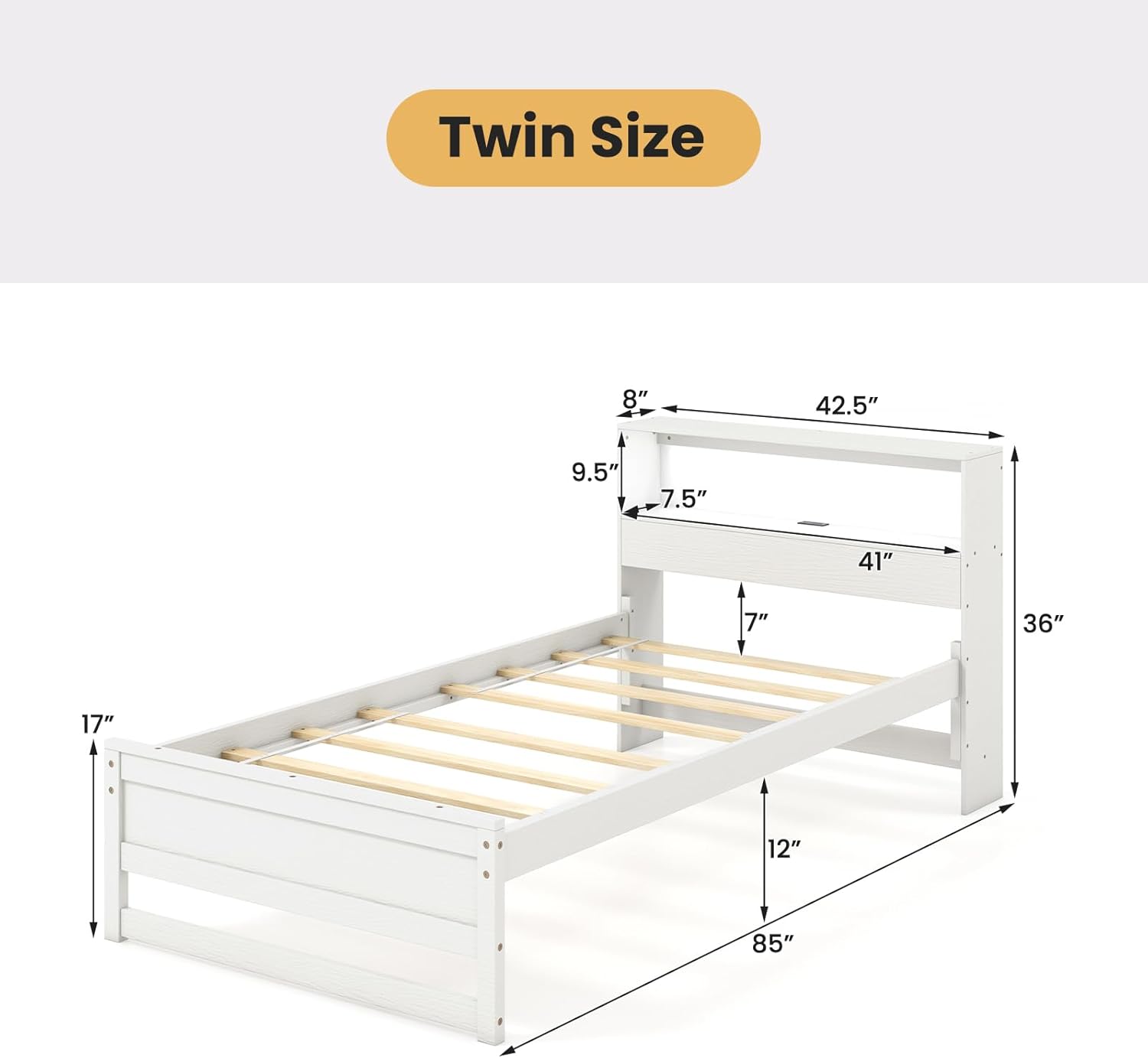 Giantex Twin Bed Frames with Storage Headboard, Wood Platform Bed with Charging Station & LED Light, Single Bed with Slats Support, Under-Bed Space, Twin Bed Frames for Kids Girls Boys (White)