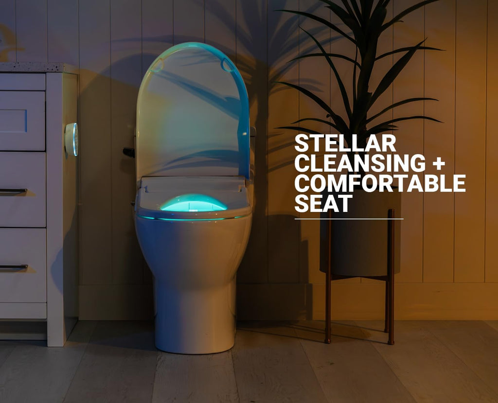 BidetKing Crown Elongated Bidet Toilet Seat, Endless Warm Water, Strong Spray, Backlit Remote, Multi-color LED, Ultra Slim, Stainless Steel Nozzle, Sittable Lid, 3 Year Warranty