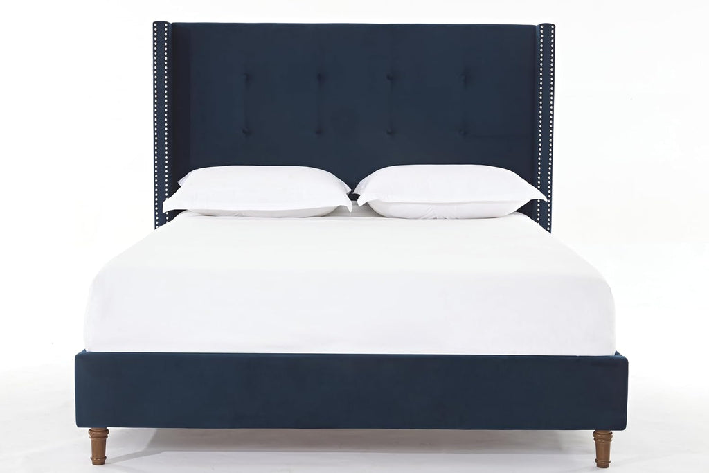 Upholstered Bed Frame, 54' Tall Headboard Wingback Upholstered Platform Bed Frame for Kids Teens Adults Bedroom Strong Wood Slats Support/No Box Spring Needed (Blue, King)