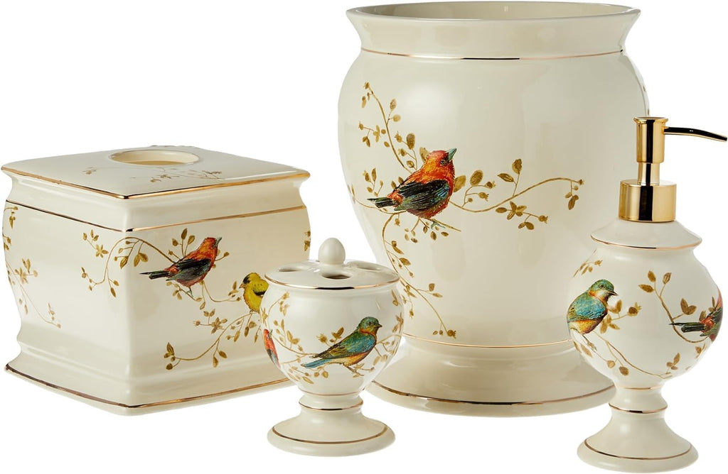 Avanti Linens - Bathroom Accessories Set, 4-Piece Bundle with Matching Design, Nature Inspired Countertop Bathroom Decor (Gilded Birds Collection)