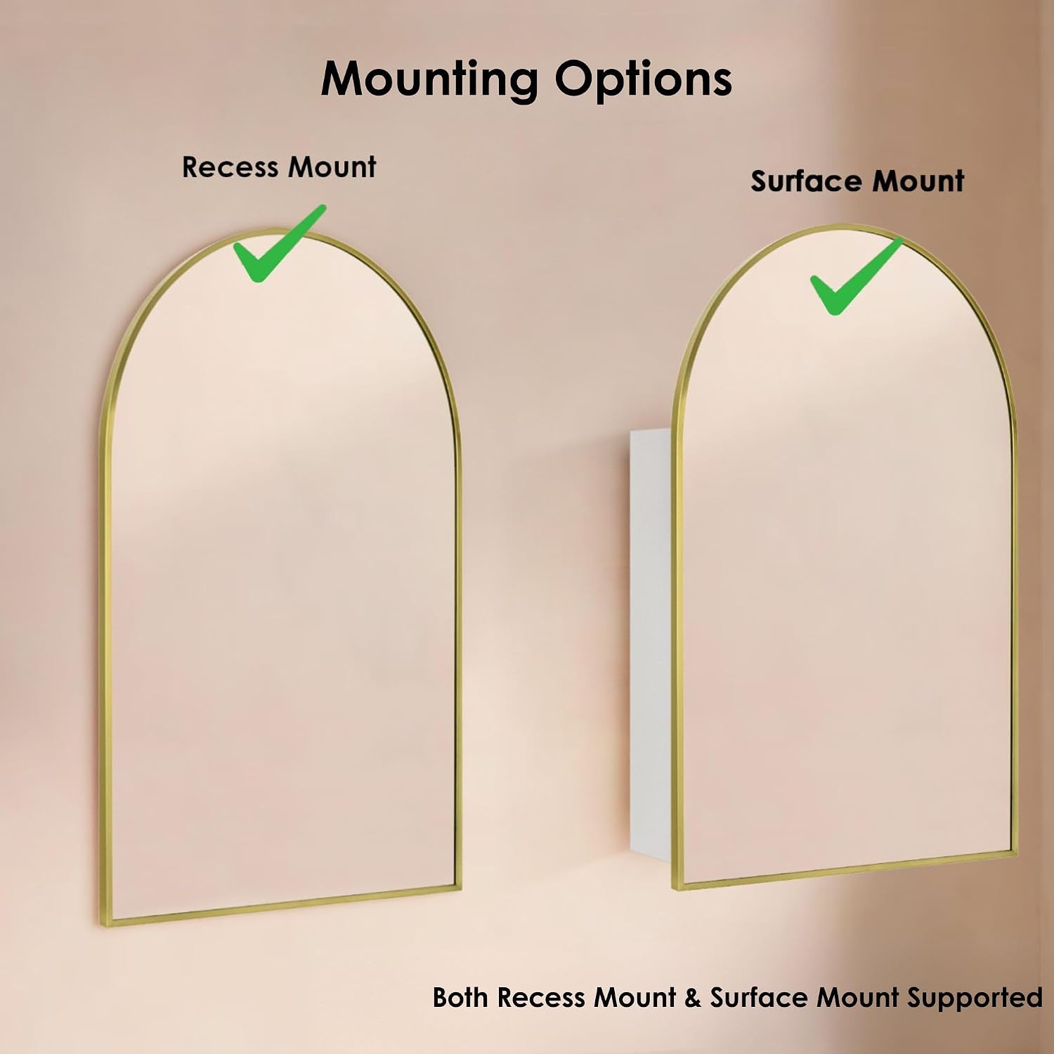TEHOME 20 x 30'' Brush Gold Arched Bathroom Medicine Cabinet with Mirror Recessed and Surface Mount Medicine Cabinet Mirror